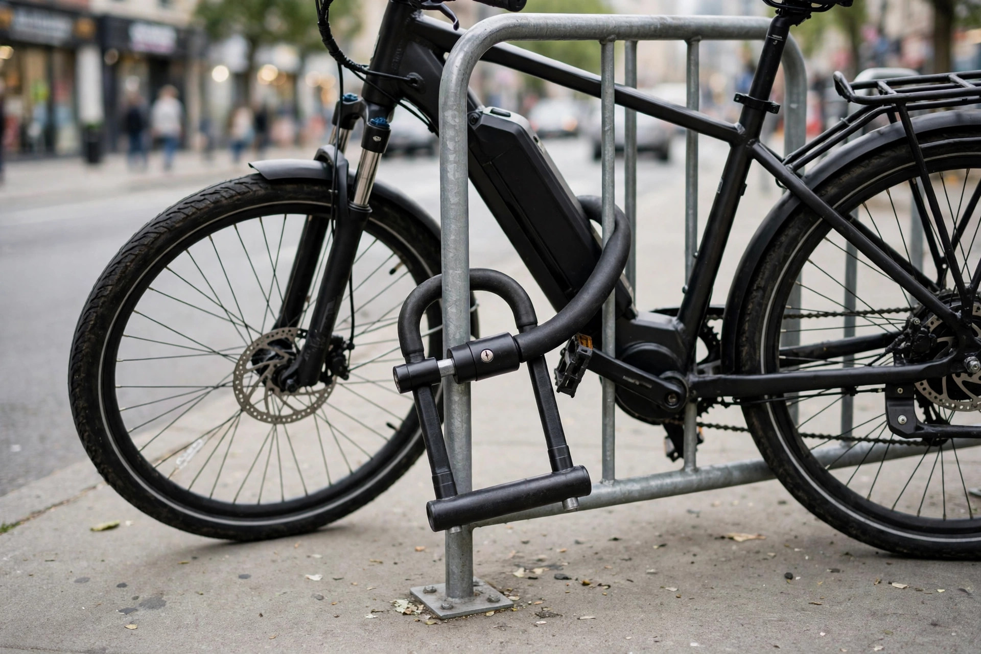 U-lock securing an electric bike frame to a city bike rack