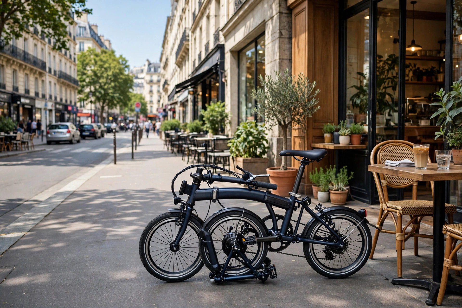 Folding electric bike parked on a city sidewalk