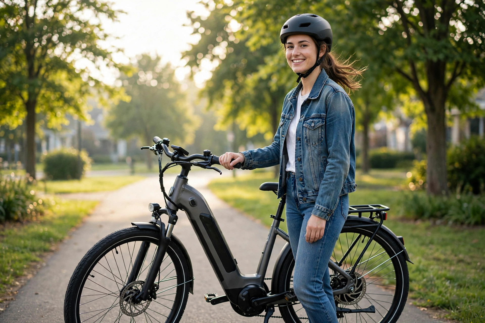 Young woman with a bike helmet standing beside a step-through electric bike on a sunny path